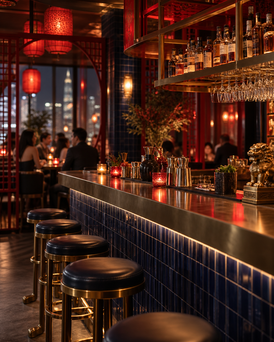 A lively red and navy bar