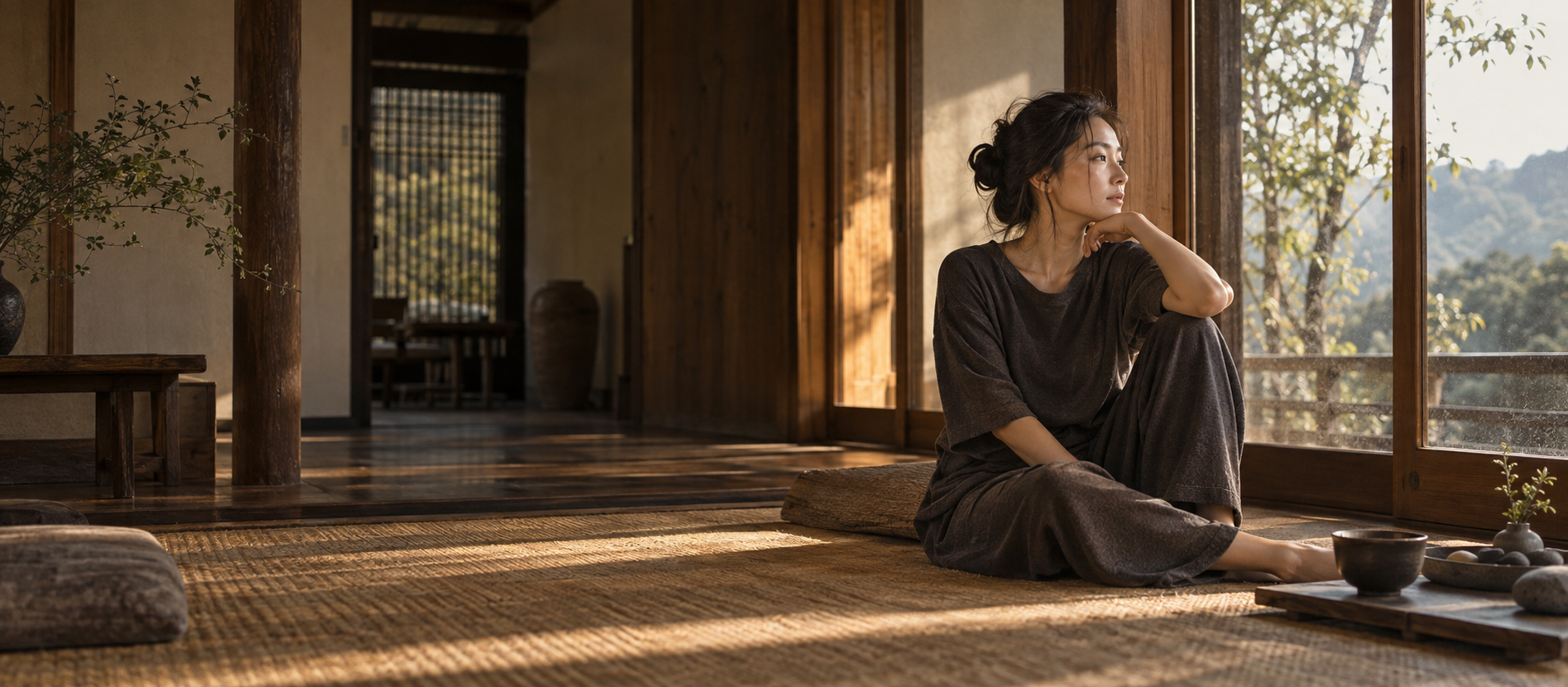 A woman resting in charcoal loungewear